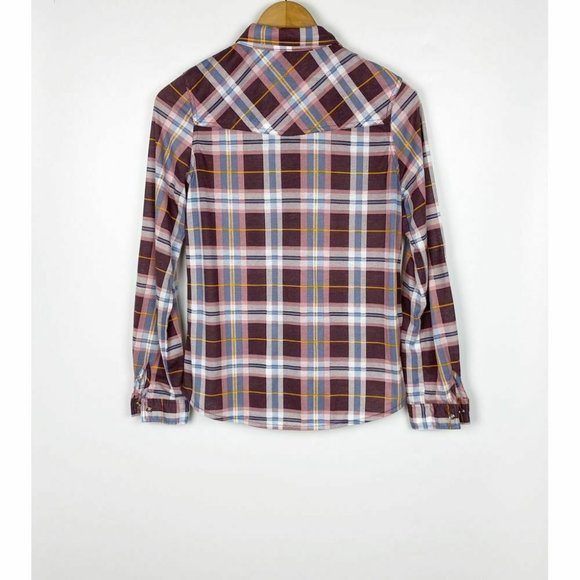 Passport Women Top Medium Plaid Snap Closure Pink Multicolor Roll-Up Long Sleeve - Picture 2 of 10